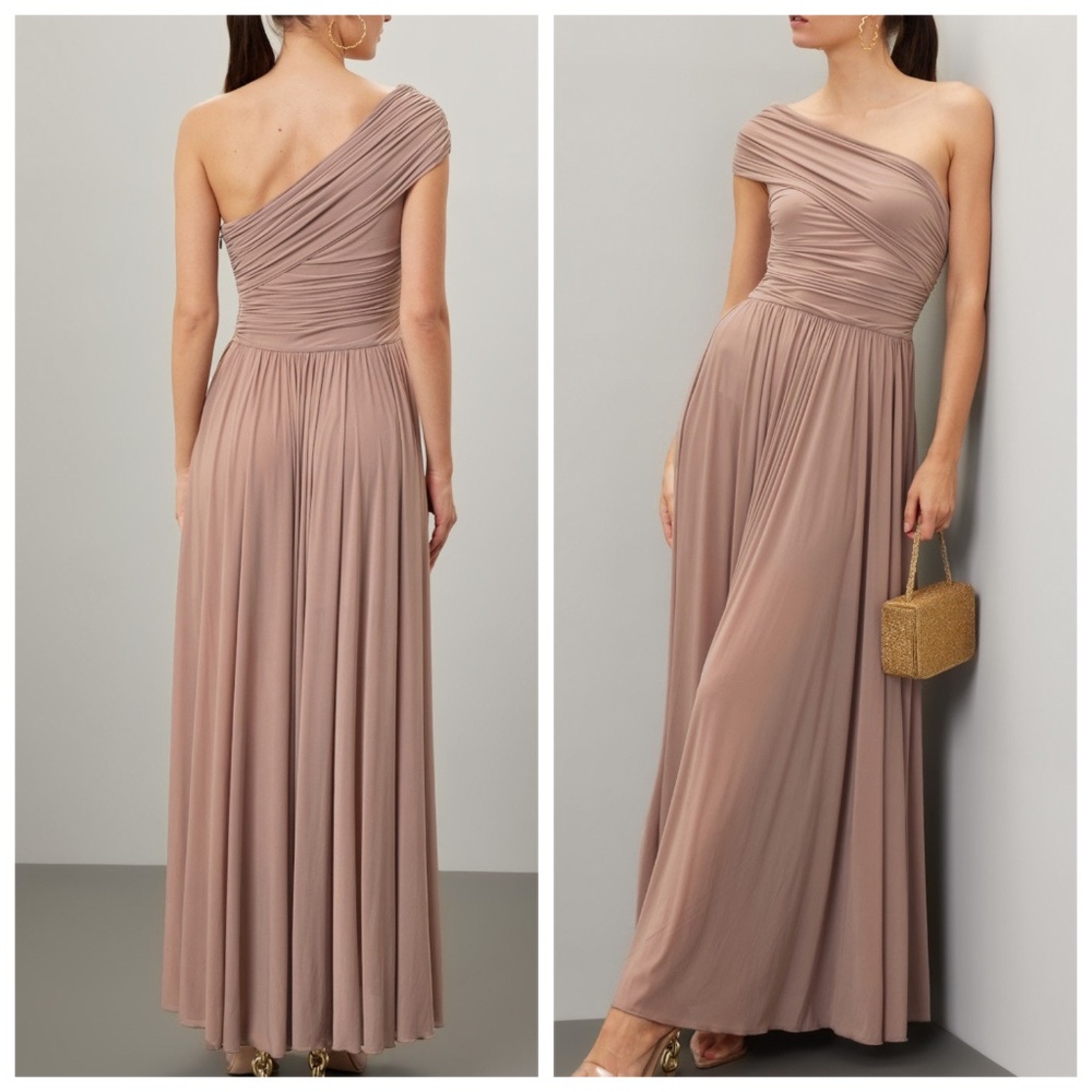 Ronny Kobo Collection One-Shoulder Maxi Dress in Taupe